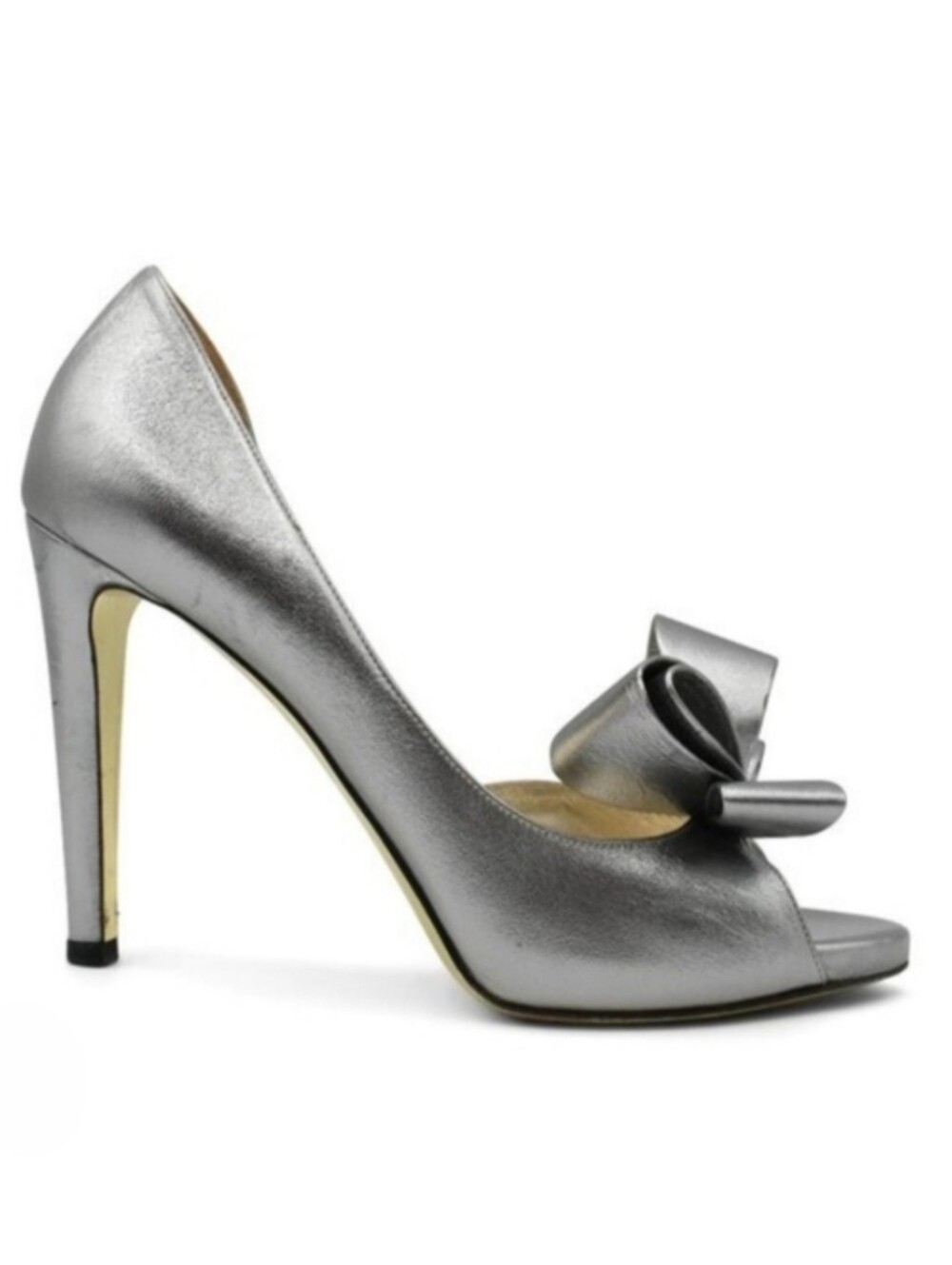 Valentino Bow D'Orsay Gunmetal Silver Open Toe High Heel Shoes